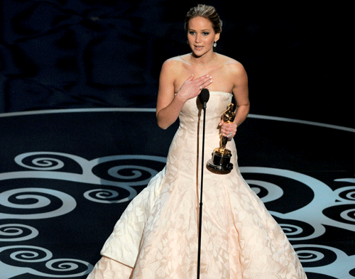 This Feb. 24, 2013 photo shows Jennifer Lawrence accepting the award for best actress in a leading role for 'Silver Linings Playbook' during the Oscars at the Dolby Theatre in Los Angeles. AP