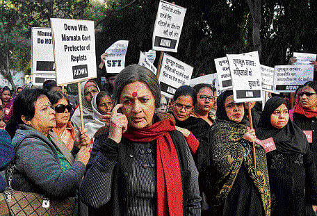 No end to woman's woes: CPM leader Brinda Karat during a protest against the death of a  16-year-old gang rape, near Banga Bhawan in New Delhi on Thursday. PTI