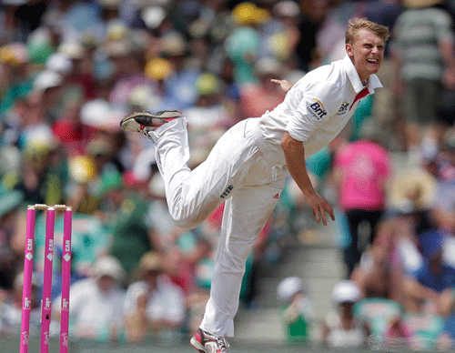 England's Scott Borthwick follows through while bowling to Australia in their Ashes cricket test match at the Sydney Cricket Ground in Sydney, Friday, Jan. 3, 2014. AP