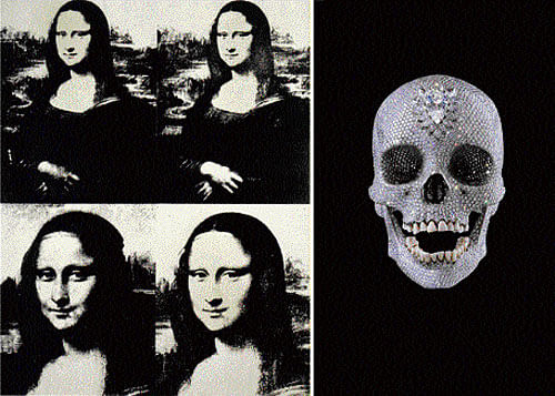 art for art's sake Damien Hirst's  sculpture 'For the Love of God' and Mona Lisa painting by Andy Warhol (left),  objects of Robert Hughes's (below) critique.