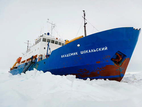 In this image provided by Australasian Antarctic Expedition/Footloose Fotography the Russian ship MV Akademik Shokalskiy is trapped in thick Antarctic ice 1,500 nautical miles south of Hobart, Australia, Friday, Dec. 27, 2013. The research ship, with 74 scientists, tourists and crew on board, has been on a research expedition to Antarctica, when it got stuck Tuesday after a blizzard's whipping winds pushed the sea ice around the ship, freezing it in place. AP Photo