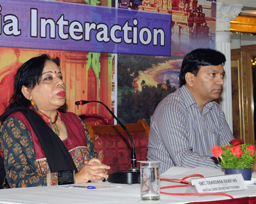 Government of Andhra Pradesh, Tourism,Culltural Affairs and Archaeology Special Chief Secretary Chandana Khan speaking at Travel Trade and Media Interaction at Capitol Hotel in Bangalore on Saturday.  DH Photo