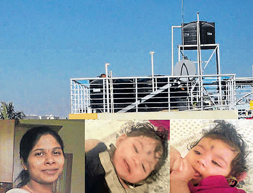 The overhead tank in which (inset) Asha and her twin daughters Ahana and Aradhya were found dead in Bangalore on Saturday. DH PHOTO/ Kishor Kumar Bolar