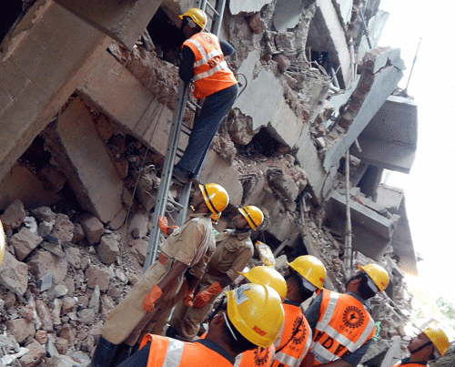 Rescue operations at the site of the building collapse in Cancona town of Goa were halted this afternoon after two adjacent five-storey buildings tilted precariously, even as 17 bodies have been pulled out so far from the caved-in structure. PTI File Photo.