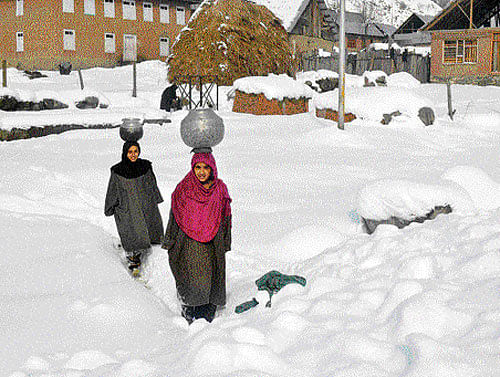 Wading through snow:Girls carry water pots on their heads near Daksum in South Kashmir's Anantnag district on Monday. Most places in the state recorded sub-zero temperatures. PTI
