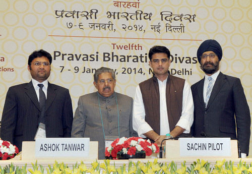 Union Minister for Overseas Indian Affairs, Vayalar Ravi, MoS (I/C) for Corporate Affairs, Sachin Pilot, National Party of New Zealand's MP, Kanwaljit Singh Bakshi (R) and MP Ashok Tanwar at the concluding session of Young Achievers, at the 12th Pravasi Bharatiya Divas 'Engaging Diaspora Connecting Across Generation', in New Delhi on Tuesday. PTI Photo