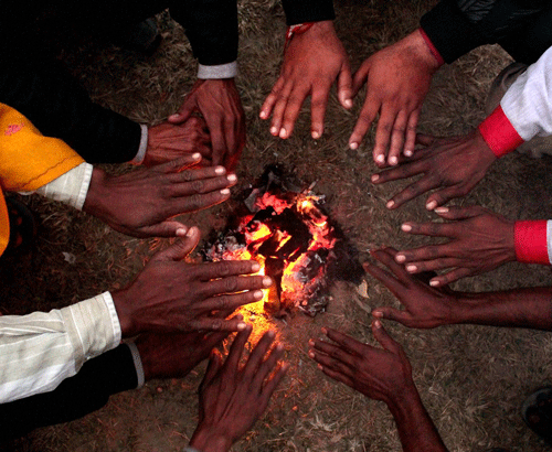 People warm themselves around a bonfire during a cold winter day. At least eight people fell prey to the biting cold in Uttar Pradesh, officials said Friday. PTI