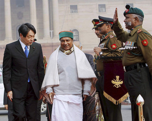 Defense Minister A.K.Antony with his Japanese counterpart Itsunori Onodera at the Defense ministry office. PTI File Photo