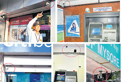 Circle. The ATM centre lacks a burglar alarm. 4. A Citibank ATM on Lalbagh Road is equipped with a CCTV camera outside the kiosk, but lacks a burglar alarm. 5. A Syndicate Bank ATM on Infantry Road with burglar alarm and CCTV camera. 6. A State Bank of Mysore ATM in Malleswaram has a CCTV camera. DH Photos