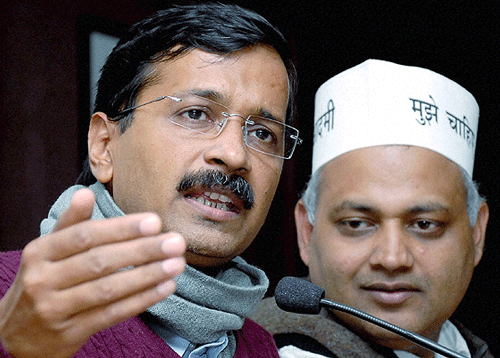 The Bharatiya Janata Party (BJP) Tuesday demanded the resignation of Delhi Law Minister Somnath Bharati over his indictment by a CBI court for allegedly influencing a witness in a bank fraud case. Arvind Kejriwal with Delhi Law Minister Somnath Bharati. PTI file photo