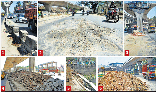 Dangerous ride: A combo photo shows the bad condition of Mysore Road near Nayandahalli junction. (1) Cement blocks used as road divider. (2) The asphalt has completely peeled off near the Nayandahalli-PES Institute Outer Ring Road  junction. (3) The road damaged due to work on flyover construction. (4&6) Debris dumped near the flyover work site. (5) The  retaining wall of the stormwater drain next to Kavika in bad shape. dh photos