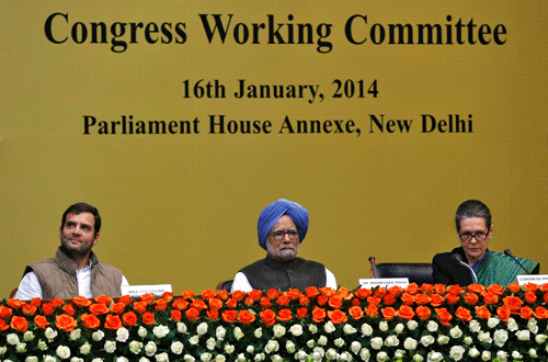 Indian Prime Minister Manmohan Singh (C), Chief of India's ruling Congress party Sonia Gandhi (R) and her son, lawmaker Rahul Gandhi, attend a meeting of the extended Congress Working Committee in New Delhi January 16, 2014. After years in the shadows as a reluctant heir-apparent, India's Rahul Gandhi is set for his own tryst with destiny, to lead the ruling Congress party in elections due by May that it has only a slim chance of winning. Congress, in power for the last decade, is struggling in opinion polls with a string of corruption scandals and a reputation for poor governance engulfing its administration. A resurgent opposition and a neophyte anti-corruption party appear to have a stranglehold on public opinion. REUTERS
