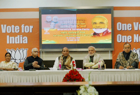 BJP President Rajnath Singh with party senior leaders L K Advani, Sushma Swaraj and Gujarat Chief Minister and BJP's PM candidate Narendra Modi at the Bharatiya Janata Party office bearers meeting in New Delhi on Thursday.PTI Photo