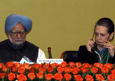 Congress President Sonia Gandhi, Prime Minister Manmohan Singh at the Meeting of the Extended Congress Working Committee in New Delhi on Thursday. PTI Photo