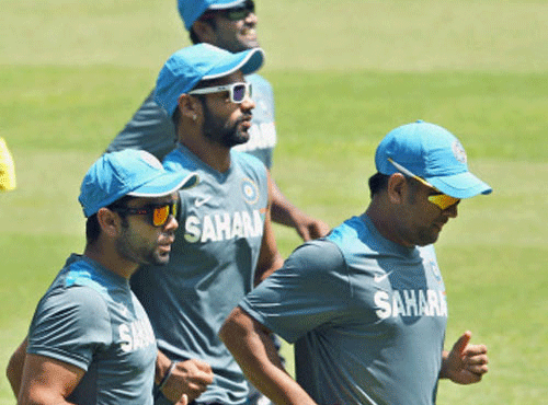 File photo of Indian cricket team players running during a practice session. PTI