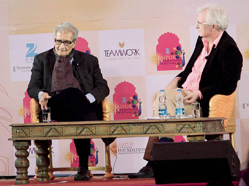 Nobel laureate Amartya Sen in conversation with John Makinson on 'Chices and Freedom' during the Jaipur Literature Festival in Jaipur on Friday. PTI Photo
