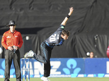 New Zealand's Adam Milne, left, bowls to West Indies Johnson Charles in the second T20 International cricket match at Westpac Stadium in Wellington, New Zealand. File photo -AP
