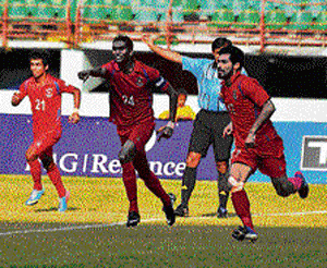 strike one: Churchill Brothers' Balwant Singh (middle)&#8200;celebrates his goal against Mohun Bagan on Thursday. AIFF