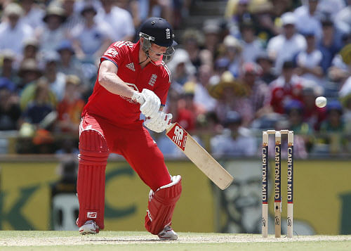 England's Ben Stokes plays a cut shot off the bowling of Australia's Dan Christian during their one-day international cricket match in Perth, Australia, Friday, Jan. 24, 2014. (AP Photo)