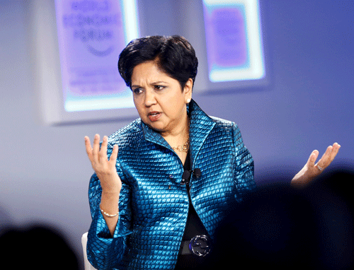 Indra Nooyi, Chairman and Chief Executive Officer of PepsiCo gestures during a session at the annual meeting of the World Economic Forum (WEF) in Davos January 24, 2014. REUTERS