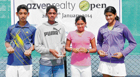 champions all: Winners of the Azvenrealty Open-AITA under-14 Super Series titles. (From left): Nikit M Reddy, Rohan K Reddy, Sonashe Bhatnagar, Lathika Premkumar.