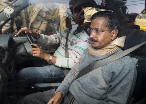 Delhi Chief Minister Arvind Kejriwal leaves after meeting Lieutenant Governor Najeeb Jung in New Delhi on Thursday. PTI Photo