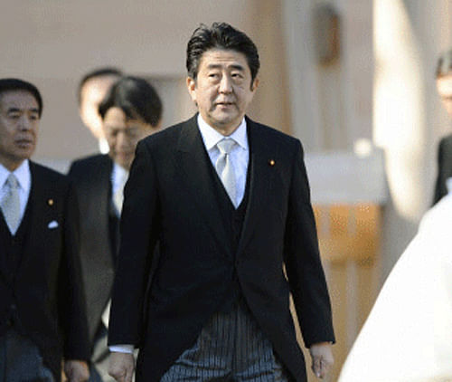Japanese Prime Minister Shinzo Abe, accompanied by his wife Akie Abe, arrived here Saturday on a three-day official visit, and straightaway called on President Pranab Mukherjee at Rashtrapati Bhavan. Reuters File Photo