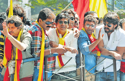 Shivarajkumar, Puneet Rajkumar and Yash lead the protest.