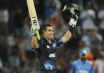 New Zealand's Ross Taylor celebrates his century against India during the fourth one day International cricket match at Seddon Park in Hamilton, New Zealand, Tuesday, Jan. 28, 2014. AP photo