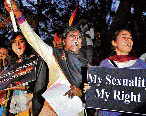 we want justice: Members of the LGBT community protest at the Mysore Bank Circle in the City on Wednesday, against the Supreme Court's rejection of a review petition on gay sex. dh Photo