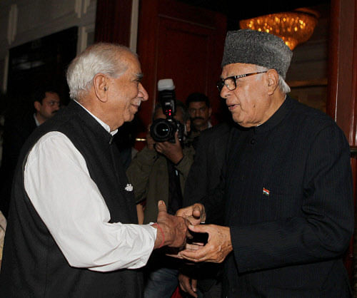 Union Minister Farooq Abdullah and BJP leader Jaswant Singh at the launch of the biography of Prathap Chandra Reddy the 'Healer' in New Delhi on Thursday. PTI Photo by Vijay Kumar Joshi
