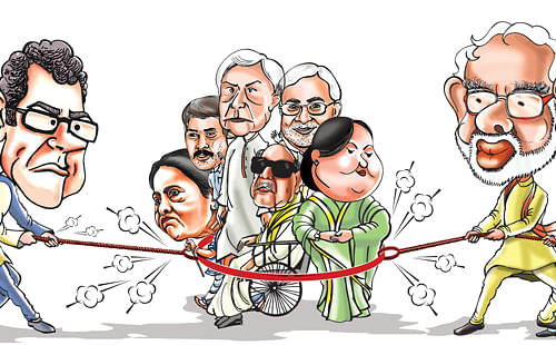 Allies are key to the formation of the next government at the Centre. DH Illustration. G Balaji Nangali