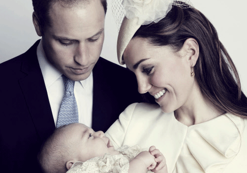 This image made available by Camera Press shows an official christening photo of Britain's Prince George photographed in the Morning Room at Clarence House in London on Wednesday Oct. 23, 2013. Kate Duchess of Cambridge holds her son Prince George with Prince William. AP photo