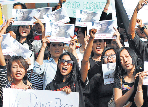Students from the Northeast stage a protest in the City condemning the death of 19-year-old student Nido Taniam in New Delhi. dh pHOTO