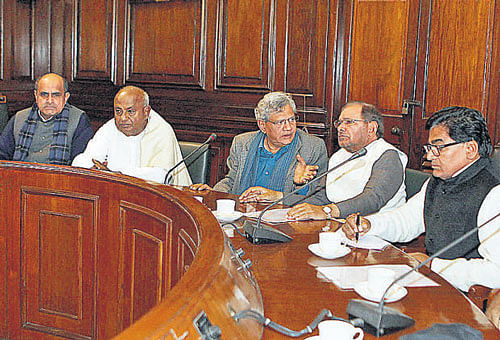 From right: SP's Ramgopal Yadav, JD-U's Sharad Yadav, CPM's Sitaram Yechury, JD-S president HD Deve Gowda and JD-U's KC Tyagi at a meeting of third front in New Delhi on Wednesday. PTI