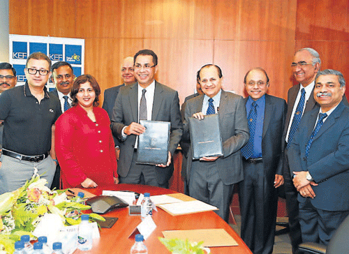 Manipal University Chancellor Dr Ramdas M Pai, MD and CEO of MEMG Dr Ranjan Pai and officials of Manipal University along with Chairman of Faizal and Shabana Foundation Faizal Kottikollon, at the MoU signing ceremony in Dubai.
