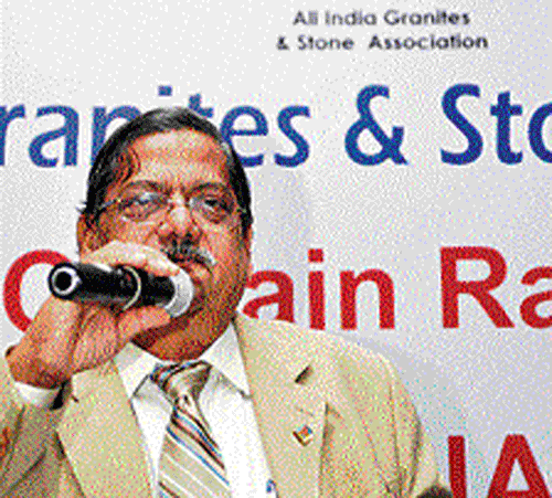 President of the All India Granites and Stone Association J B Surana speaks at the launch of STONA 2014 on Thursday.  DH Photo