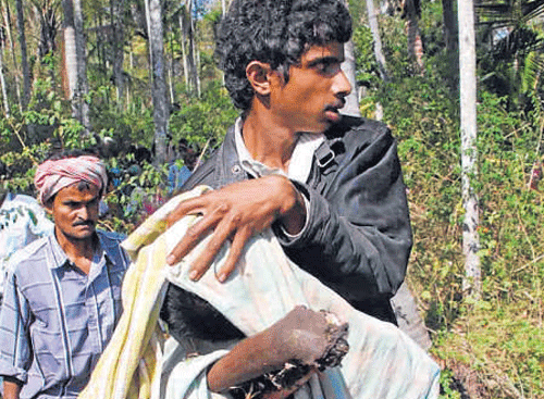 A villager carries the half-eaten body of the boy.