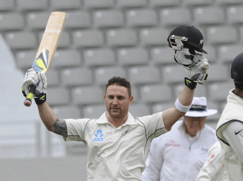 New Zealand's Brendon McCullum celebrates his double century against India on the second day of the first cricket test at Eden Park in Auckland, New Zealand, Friday, Feb. 7, 2014. AP photo