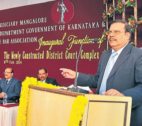 Administrative Judge of Dakshina Kannada district and Judge at High Court of Karnataka K Bhakthavatsala speaks at the inauguration of district court complex in Mangalore on Saturday. DH Photo
