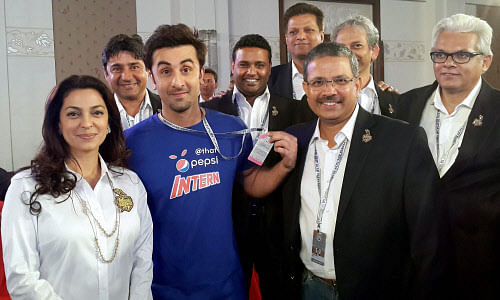 Bengaluru : KKR's Juhi Chawla and actor Ranbir Kapoor with others during the IPL Auction 2014 in Bengaluru on Wednesday. PTI Photo (PTI2_12_2014_000213A)