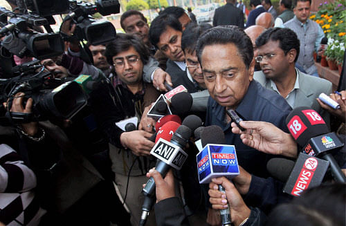New Delhi: Parliamentary Affairs Minister Kamal Nath addressing the media at Parliament House during the extended winter session in New Delhi on Wednesday. PTI Photo by Subhav Shukla (PTI2_12_2014_000036B)