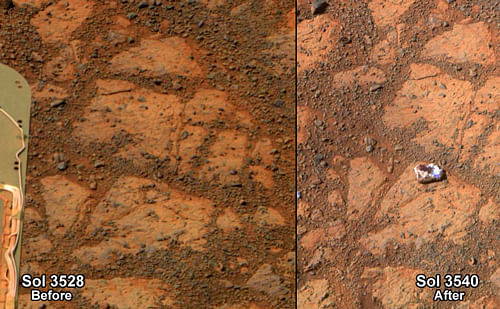 This composite image provided by NASA shows before and-after images taken by the Opportunity rover on Mars of a patch of ground taken on Dec. 26, 2013, left, and one of the same area on Jan. 8, 2014, that shows a rock shaped like a jelly doughnut. NASA on Friday, Feb. 14, 2014 said the rover Opportunity likely kicked up the rock into its field of view. Opportunity landed on Mars in 2004 and continues to explore. AP