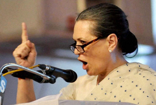 Congress President Sonia Gandhi addressing during the launch of Congress election campaign in Kerala state, in Kochi on Saturday. PTI Photo