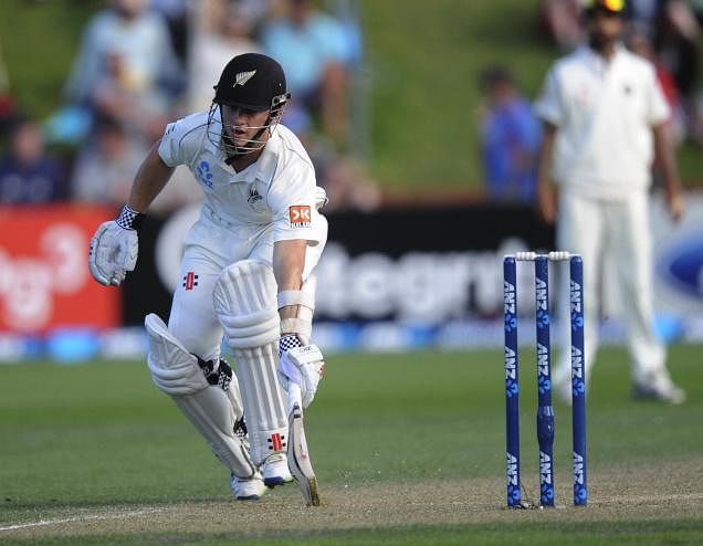 New Zealand's Kane Williamson makes his ground against India during the 2nd day of the second cricket test at Basin Reserve in Wellington, New Zealand on Saturday. AP