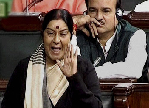 Leader of Opposition Sushma Swaraj speaks in the Lok Sabha in New Delhi. PTI photo