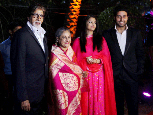 Bollywood actors Amitabh Bachchan with family Jaya Bachchan, Aishwarya Rai and Abhishek. PTI photo