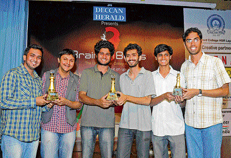 Winners of Brains n Beats quiz competition (from left) Sathivik Ashok and Mrinal Parekh of PES University (first), Sai Sachin and Allen Richard Pais of St Joseph's College Postgraduate Centre (second) and V Aravind and Roshan of BMS College of Engineering (third). DH photo