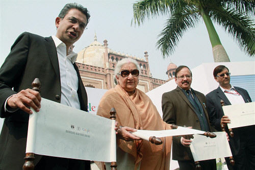 Union Minister of Culture, Chandresh Kumari Katoch with Rajan Anandan, Head of Google, India, at the launch Google service to 'bring India's Heritage sites online' at Safdarjung Tomb in New Delhi on Thursday. PTI Photo