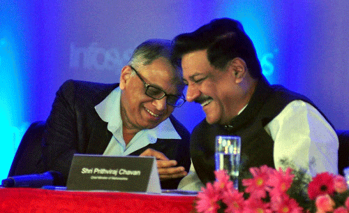 Maharashtra Chief Minister Prithiviraj Chavan and Founder and Executive Chairman of Infosys N R Narayan Murthy at the foundation stone laying of Infosys IT Park in Nagpur on Saturday. PTI Photo